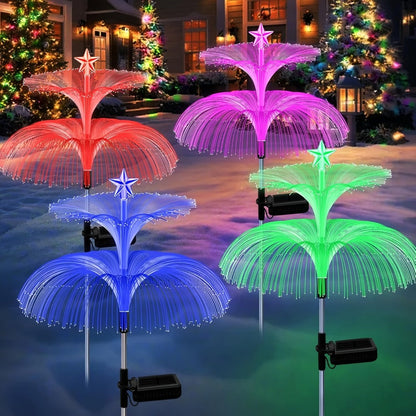 Solar Garden Light Fiber Optic Christmas Tree Stakes with 7-Color LEDs and 2 or 5-Layer Star Options