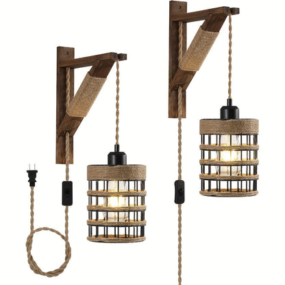 Plug-In Cage Wall Sconce with Wooden Bracket, 250 cm Cord and Single or Two-Piece Farmhouse Options