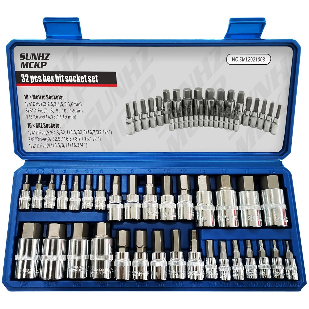 Allen Hex Bit Socket Set 32-Piece - 1/4" 3/8" 1/2" Drive SAE & Metric S2 Steel Hex Key Sockets with Organized Storage Case for Home Improvement DIY Auto Repair