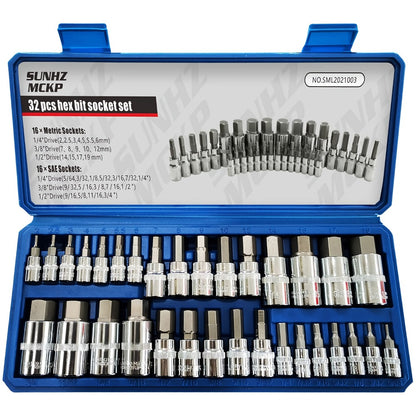 Allen Hex Bit Socket Set 32-Piece - 1/4" 3/8" 1/2" Drive SAE & Metric S2 Steel Hex Key Sockets with Organized Storage Case for Home Improvement DIY Auto Repair