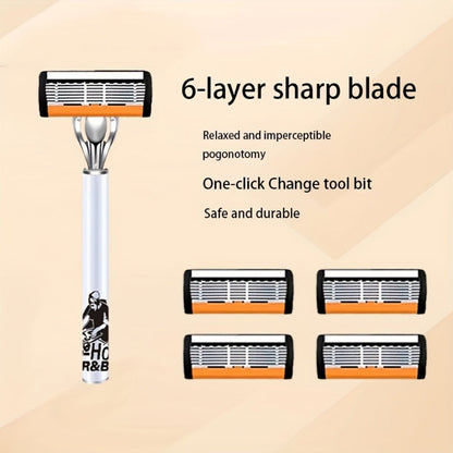 6-Layer Blade Men's Razor Set with Lubricating Strip 2 Handles & 36 or 72 Replacement Blades – Smooth Close Shave Contour-Fitting Ergonomic Manual Shaver for Men Daily Grooming