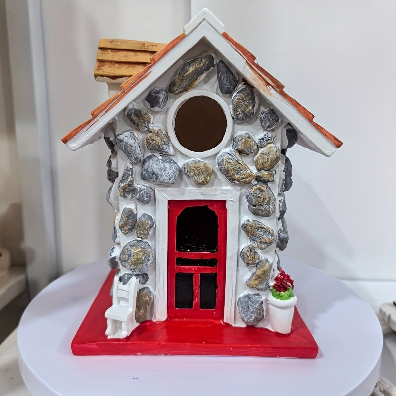Stone-Look Cottage Garden Ornament in One-Piece Resin with Red Door, Shingled Roof and Hanging Loop
