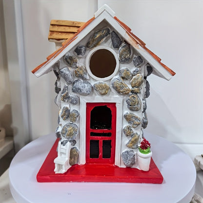 Stone-Look Cottage Garden Ornament in One-Piece Resin with Red Door, Shingled Roof and Hanging Loop