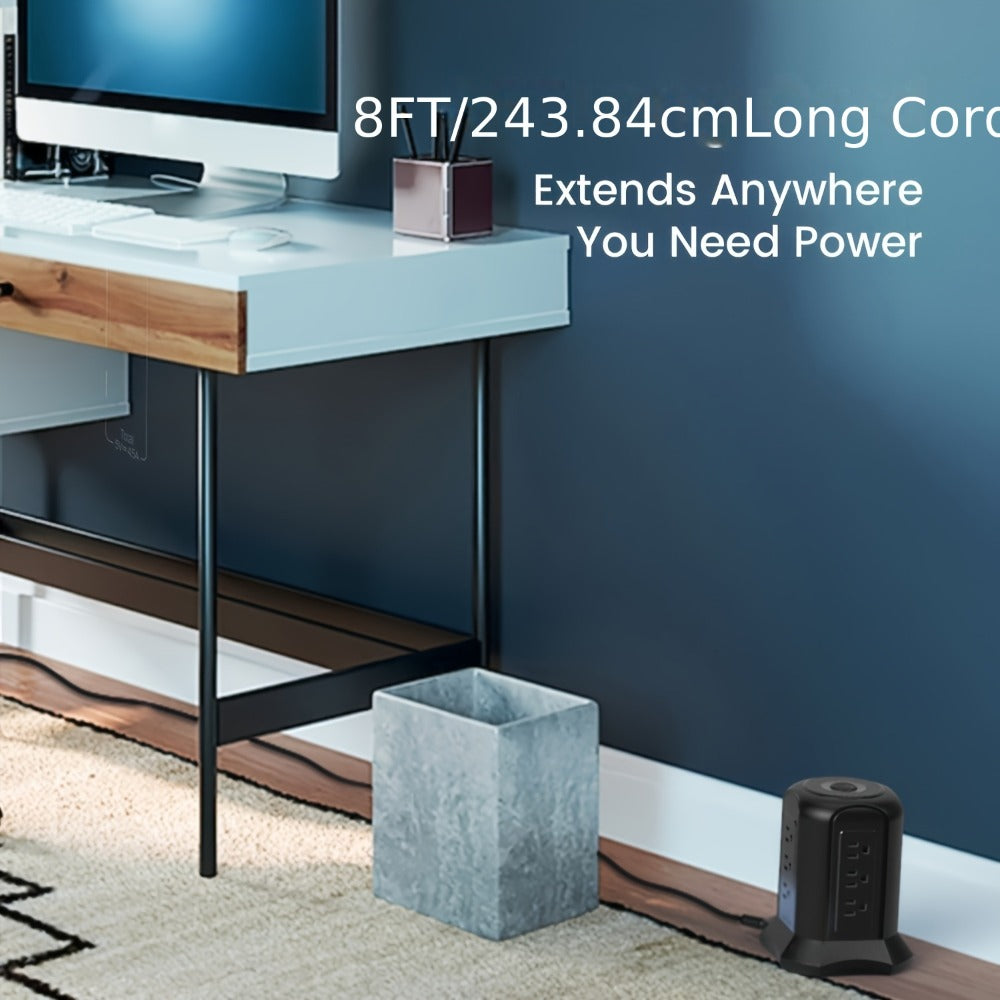 Surge-Protected Power Tower 13-in-1 with Wireless Charger, 9 AC Outlets & 4 USB Ports (2 USB-C PD18W), 1080J Surge Protector, 8ft Extension Cord – Multi-Color for Home Office Dorm