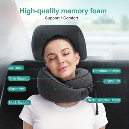 Black Memory Foam Travel Neck Pillow with Front Buckle, 23 × 15 × 28 cm Label, Removable Cover and Carry Bag