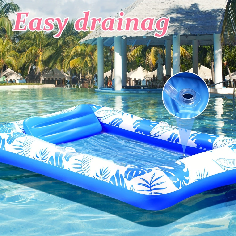 Blue-and-White Inflatable Pool Mattress with Removable Headrest, Cup Holder and 83.5 x 52.4-Inch Base