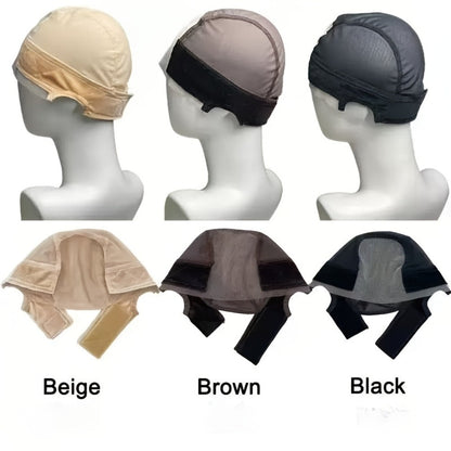 Wide Lace Wig Grip Caps, Two-Piece Set with Ear Cutouts and Adjustable Straps in Brown, Black or Beige