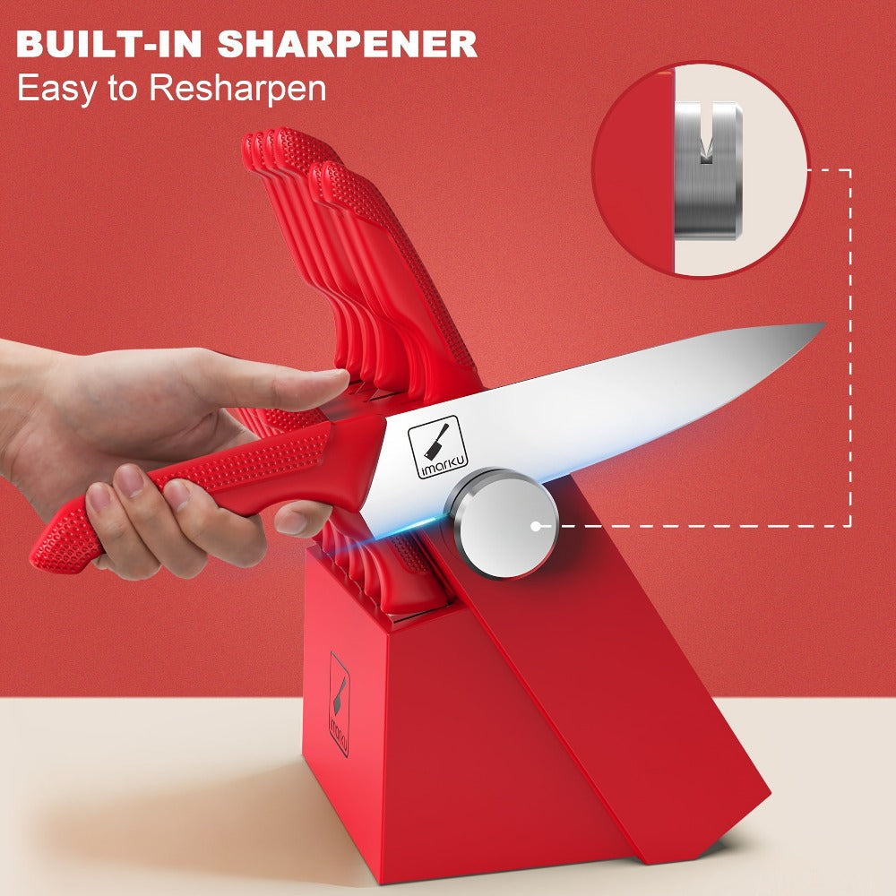 14-Piece Kitchen Knife Set with Japanese 420 Stainless Steel Label, Red Handles, Scissors and Sharpening Block
