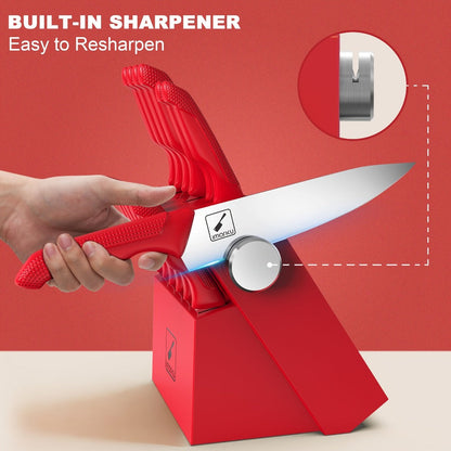 14-Piece Kitchen Knife Set with Japanese 420 Stainless Steel Label, Red Handles, Scissors and Sharpening Block