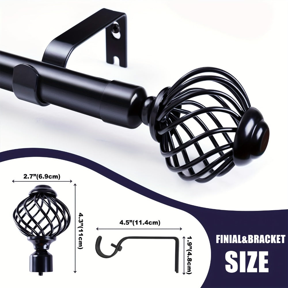Black Adjustable Curtain Rod with Lattice Finials and Four Length Ranges from 18–32 to 34–152 Inches