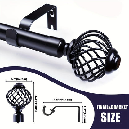 Black Adjustable Curtain Rod with Lattice Finials and Four Length Ranges from 18–32 to 34–152 Inches