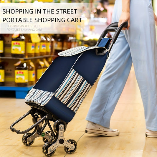 Stair Climbing Shopping Cart with Detachable Hand Truck, Foldable Grocery Trolley with Spacious Polyester Bag for Home Market Transport
