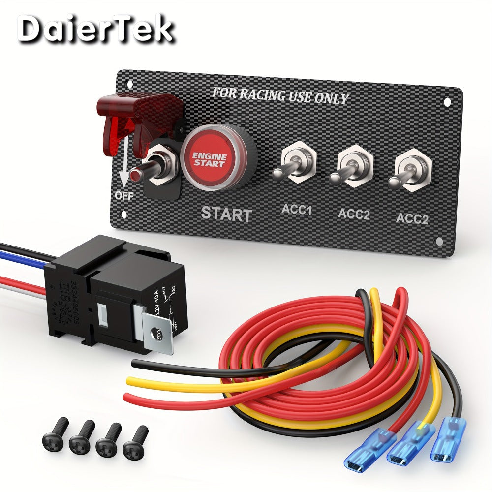 5-in-1 Ignition Switch Panel 12V 30A - Push Start Button Racing Toggle Switch Kit, Aluminum Carbon Fiber Panel for Car Truck Boat RV Race Vehicle