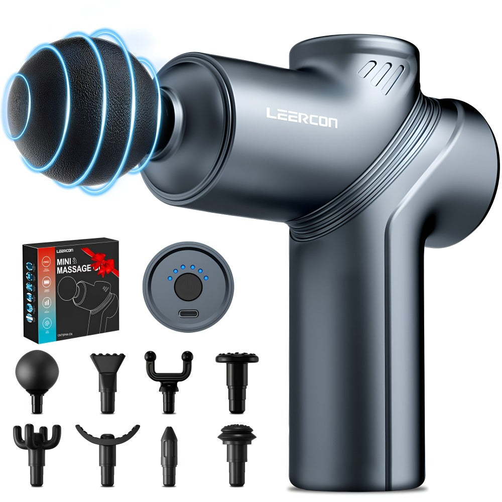 Compact Massage Gun with Six Speed Settings, Four or Eight Interchangeable Heads and Blue or Black Finish Options