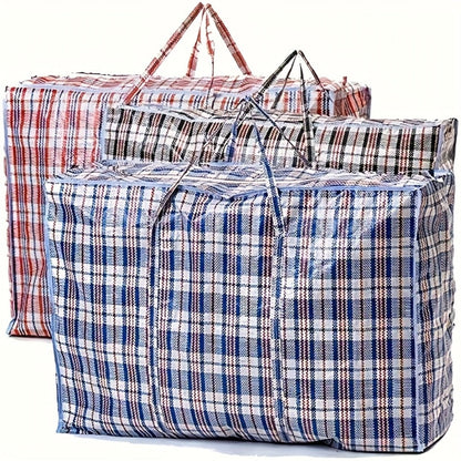 Storage Bag Set, 3-Piece Checkered Fabric Moving Organizers with Zipper Closures, Carry Handles and Foldable Design