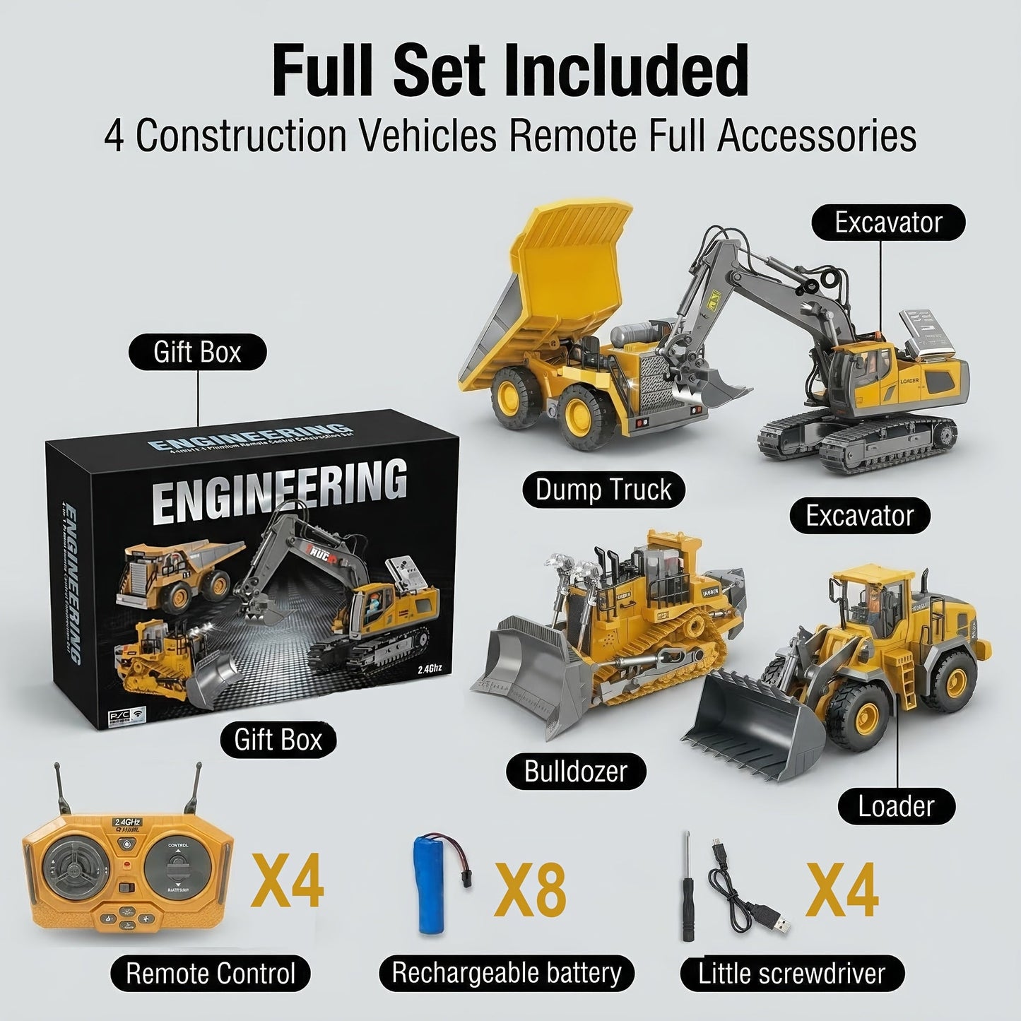 RC Construction Vehicle Set 2/3/4pcs – 2.4GHz 11-Channel Remote Control Excavator Dump Truck Bulldozer Alloy Engineering Toy for Boys Kids Ages 6+, Best Birthday Christmas Gift