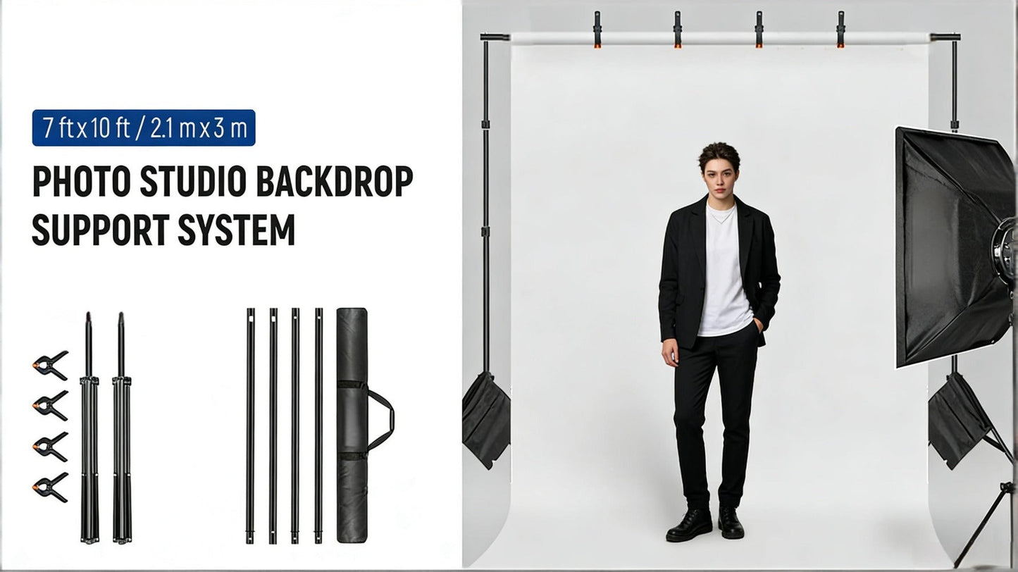 Adjustable Photography Backdrop Stand Kit in 10 x 7-Foot Size with Two Tripods, Four Crossbars, Four Clamps and Carry Bag