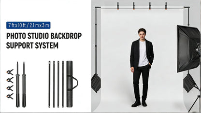 Adjustable Photography Backdrop Stand Kit in 10 x 7-Foot Size with Two Tripods, Four Crossbars, Four Clamps and Carry Bag