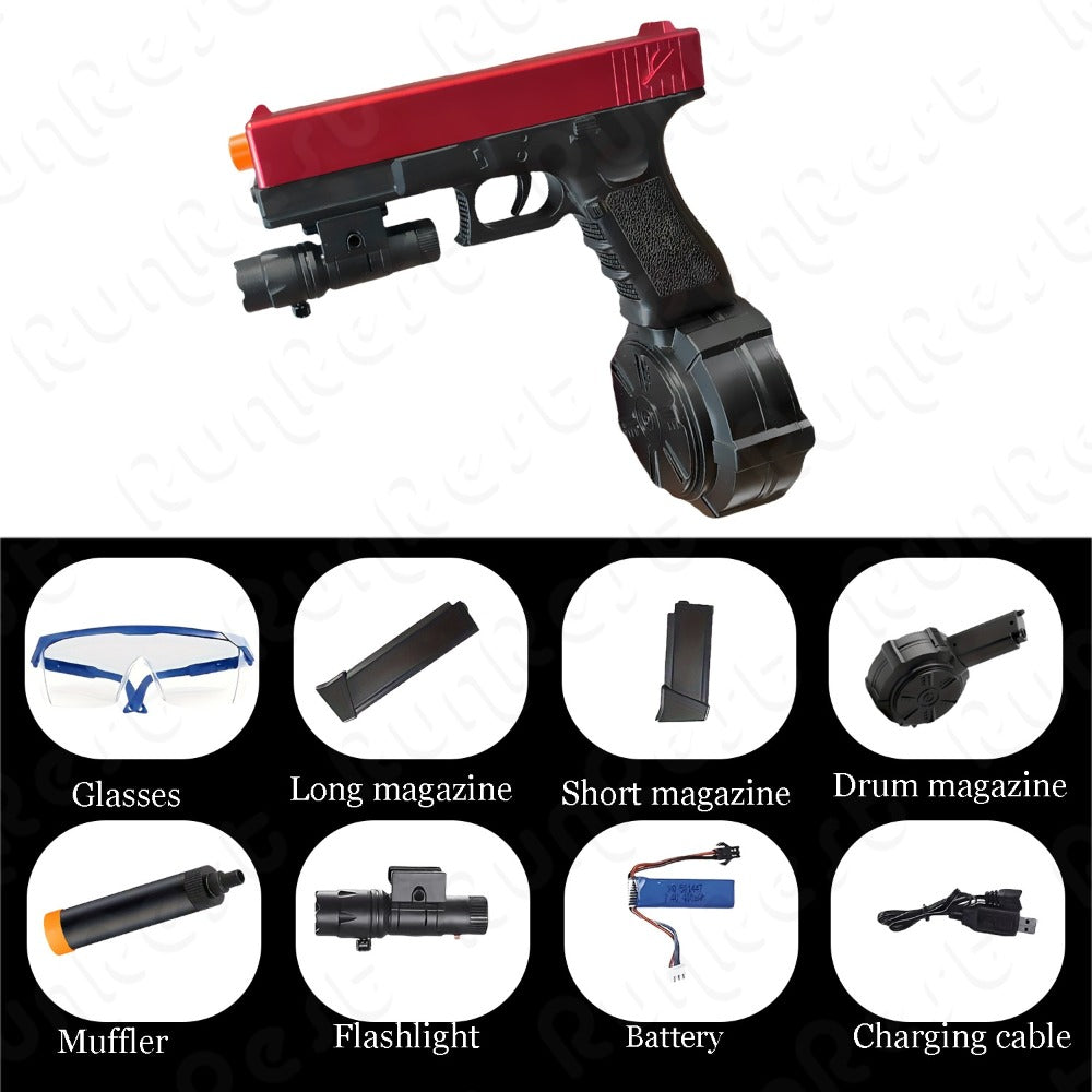 Red-and-Black Electric Gel Blaster Set with Three Magazine Styles, Flashlight, Goggles and Charging Cable