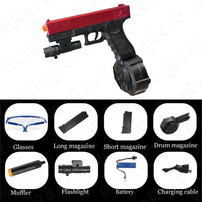 Red-and-Black Electric Gel Blaster Set with Three Magazine Styles, Flashlight, Goggles and Charging Cable