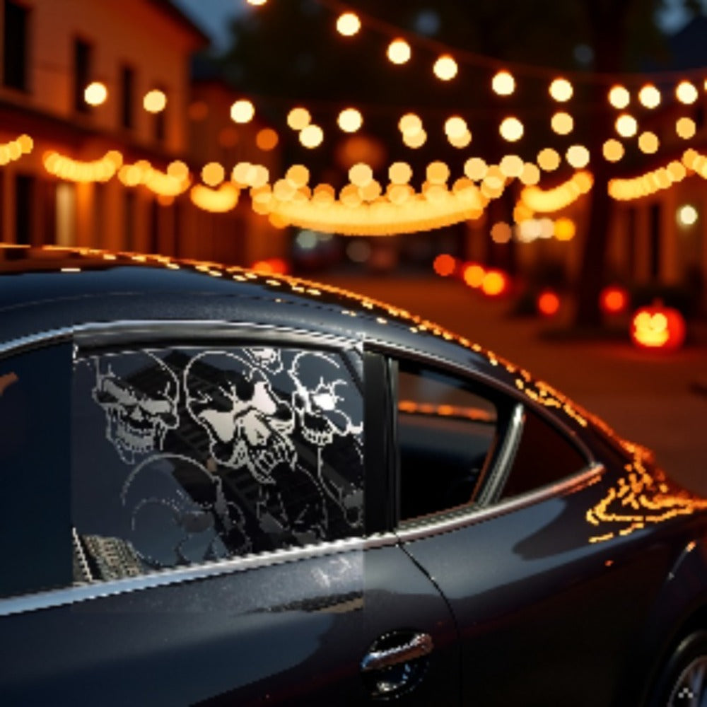 Car Window Decal Gothic Skull 2PCS Reflective Silver UV-Resistant Vinyl | Skeleton Sticker Full Cover Halloween Car Decoration Small 17x11in Large 21.6x17.7in Laptop Mirror Auto Styling