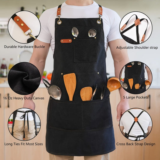 Chef Apron Crossback Canvas Work Apron with Extra Large Pockets for Men Women - Professional Kitchen Cooking BBQ Gardening Workshop Bib Apron Heavy Duty