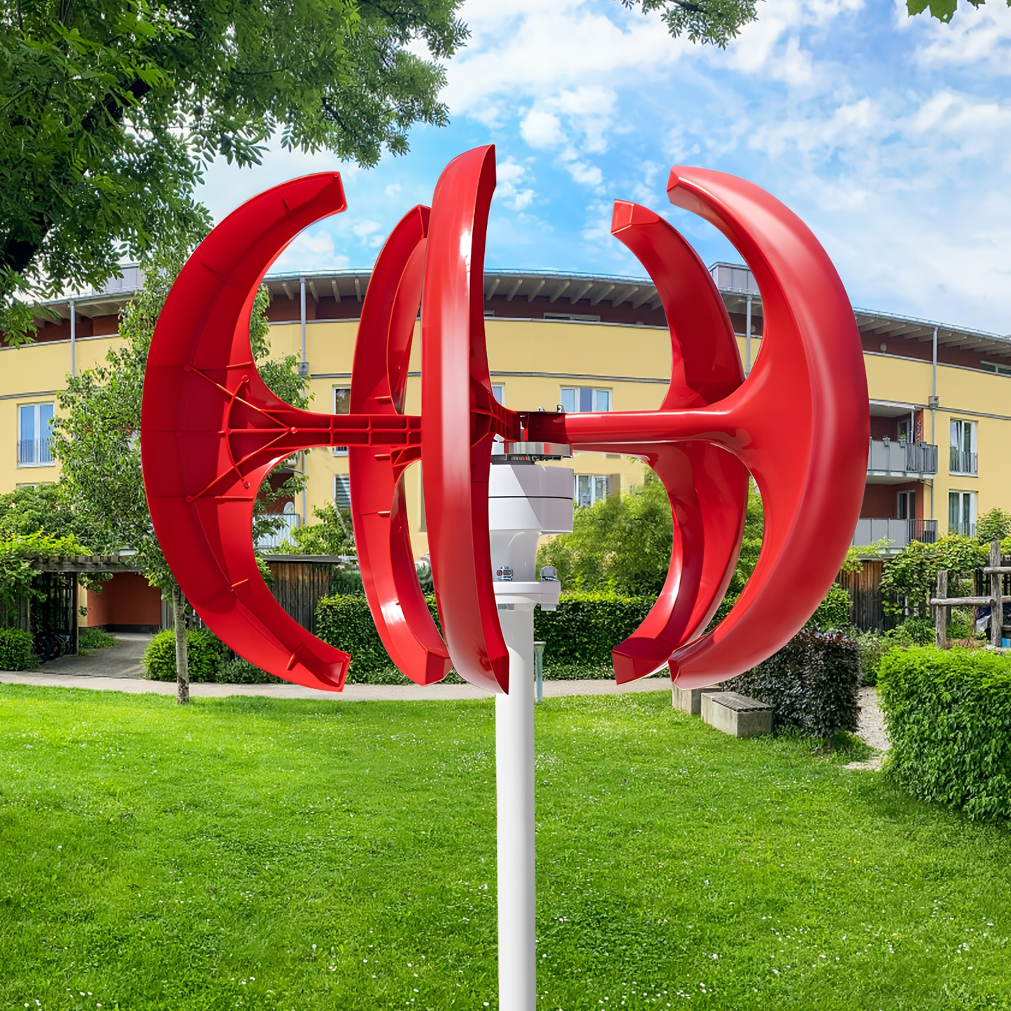 Red Vertical-Axis Wind Turbine Generator Kit with Curved Rotor Blades and Pictured Mounting Hardware