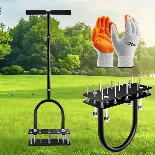 Self-Cleaning Lawn Aerator with 14 Iron Spikes - Spring-Loaded Auto-Clean Mechanism for Leaves & Dirt, Manual Soil Loosening Tool for Patio, Yard & Garden Aeration