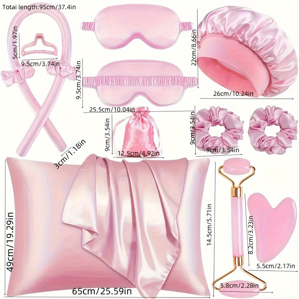 Twelve-Piece Heatless Curling Set with Satin Bonnet, Eye Mask, Hairband and Bag in Three Colors