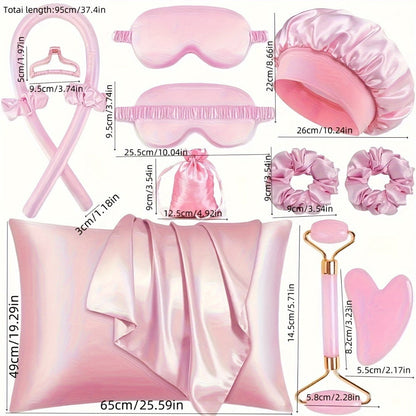 Twelve-Piece Heatless Curling Set with Satin Bonnet, Eye Mask, Hairband and Bag in Three Colors