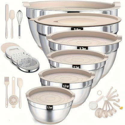 Twenty-Six-Piece Mixing Bowl and Kitchen Tool Set with Six Bowls in Khaki, Black or Color Options