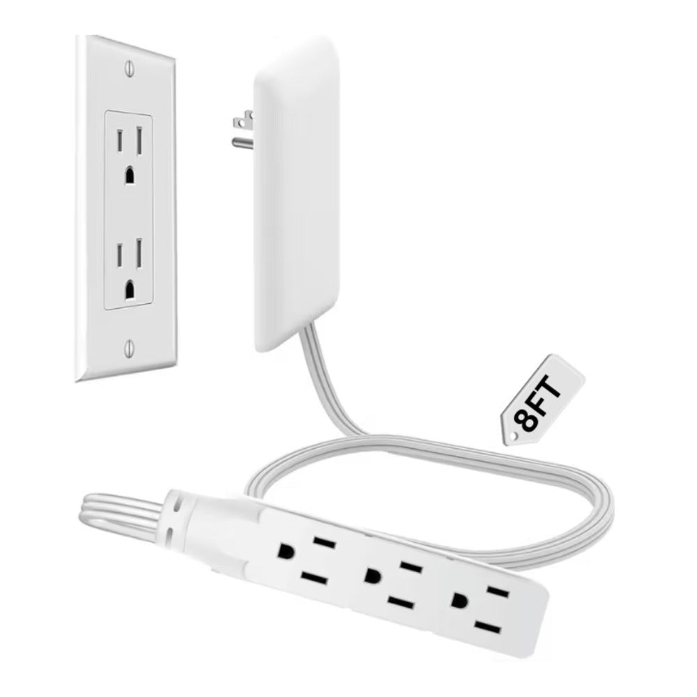 White Flat-Plug Extension Cord with Three-Outlet Wall-Hugger Strip in 3-, 5- or 8-Foot Lengths