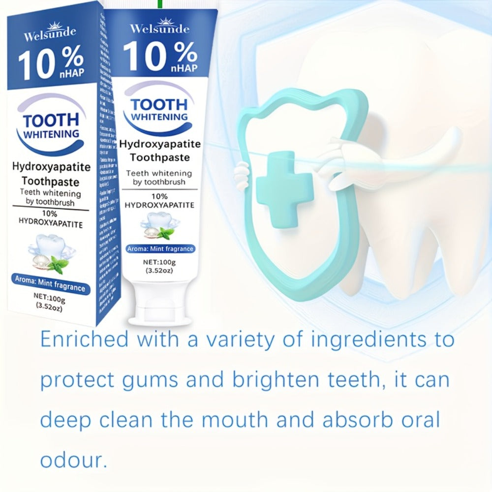 Two-Pack 100g Mint Toothpaste Tubes with 10% Hydroxyapatite Highlighted on the Package Labels