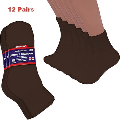 12-Pair Low-Cut Diabetic Sock Set for Adults in Six Colors with 9-11, 10-13 and 13-15 Size Options
