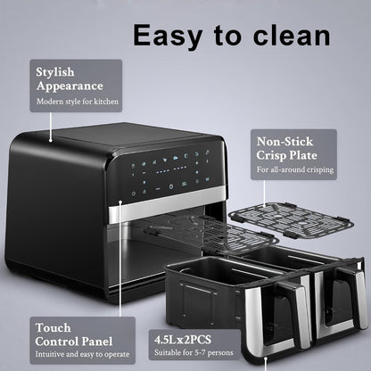 9.5Qt Dual-Basket Air Fryer with Two 4.75Qt Cooking Zones, Touch Controls and Eight Preset Icons