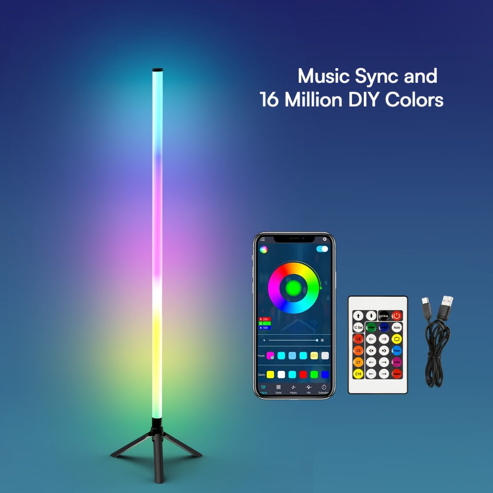Three-Section Modular RGB Corner Floor Lamp with Triangular Metal Base, App, Remote, Music Sync and Timer Modes