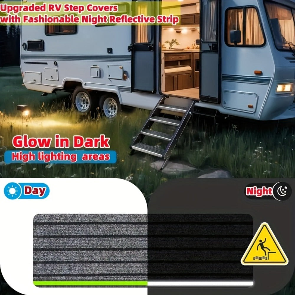 RV Step Covers Non-Slip Reflective – Durable Polyester Camping Rug Set for Travel Trailer, Motorhome & Outdoor Adventures, 2 or 4 Pack, Black