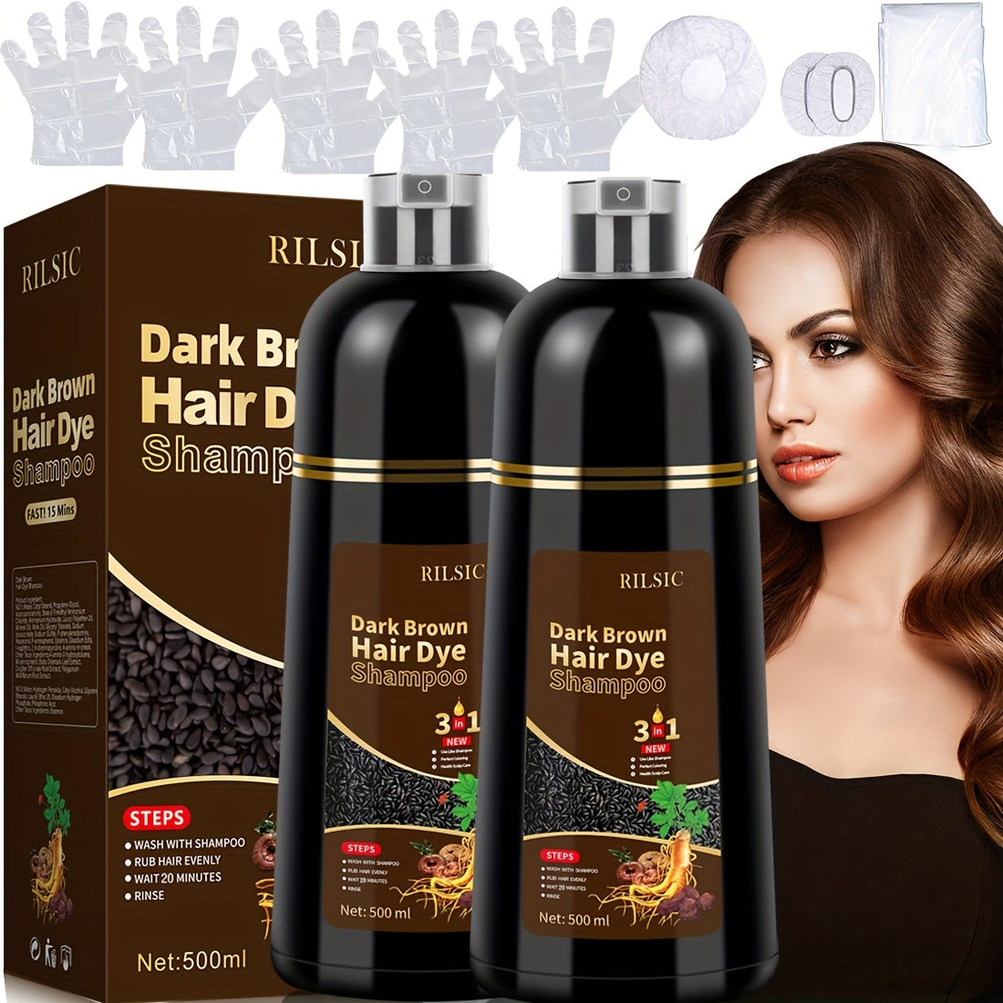 Hair Color Shampoo, RILSIC 3-in-1 Two-Pack of 500ml Pump Bottles with Black or Dark Brown Selection