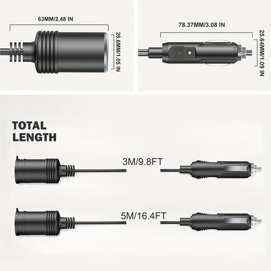 12V Car Cigarette Lighter Extension Cord 9.8FT - 16AWG Heavy Duty Male to Female Socket with LED Indicator for RV, Campervan & 12V Device Use