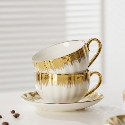 European-Style Coffee Cup and Saucer Set, Six 250 ml White and Gold-Trim Place Settings for Tea and Espresso