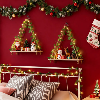 Hanging Wall Shelf Set with Macrame-Style Ropes, Artificial Ivy, LED Light Strands and 2- to 4-Piece Options