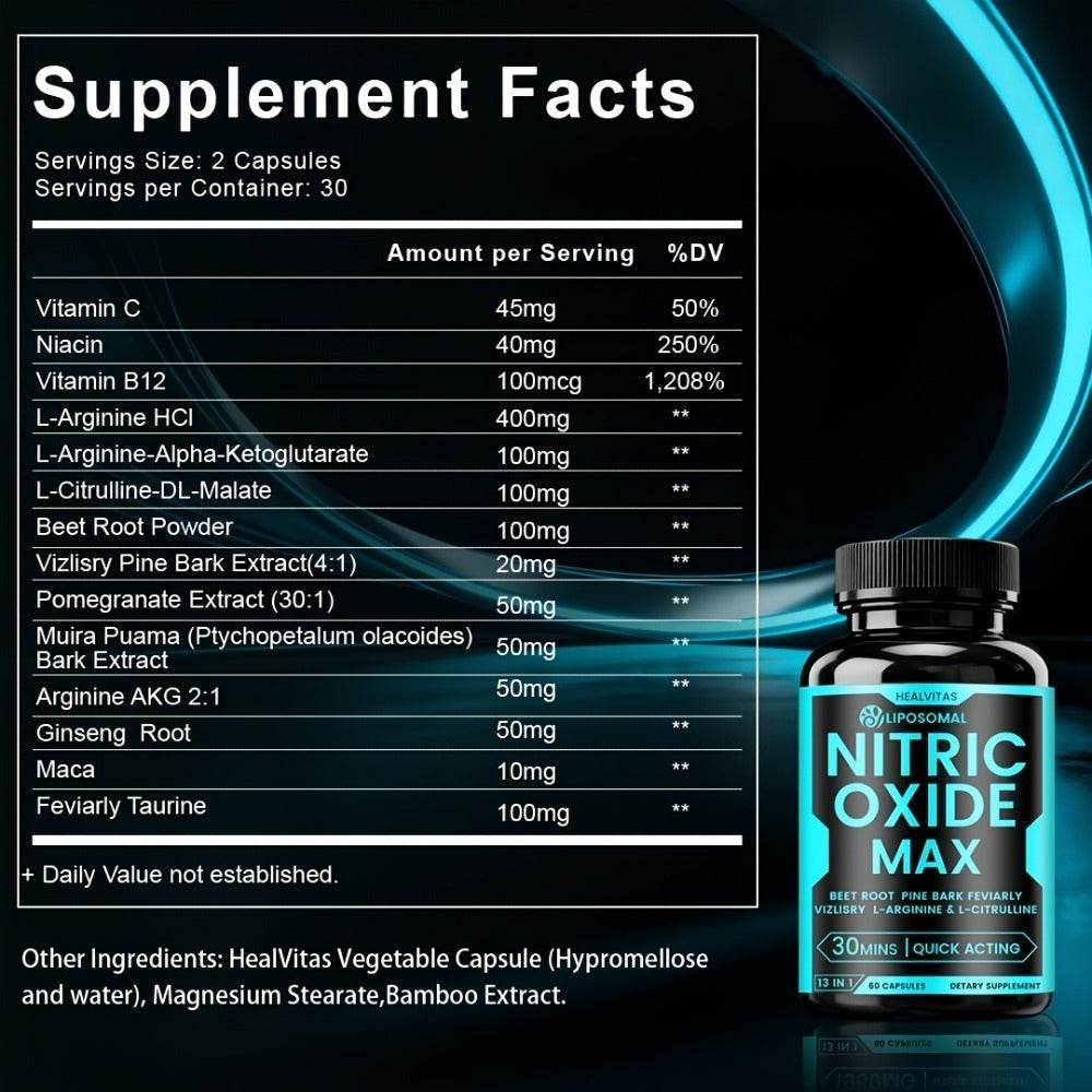 Dietary Supplement Capsules with HEALVITAS Label, L-Arginine, L-Citrulline, AAKG and 60 Count
