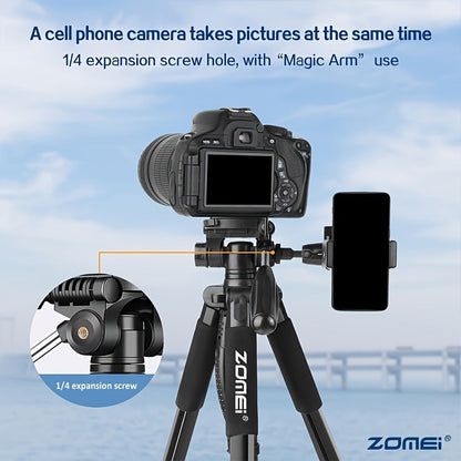 65-Inch Aluminum Camera Tripod with Three-Way Pan Head, Quick-Release Plate, Phone Clip, Carry Bag and Four Colors