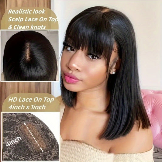Lace Front Wig Human Hair Bob with Bangs, 4x1 HD Lace, 180% Density and 10-14in Length Choices