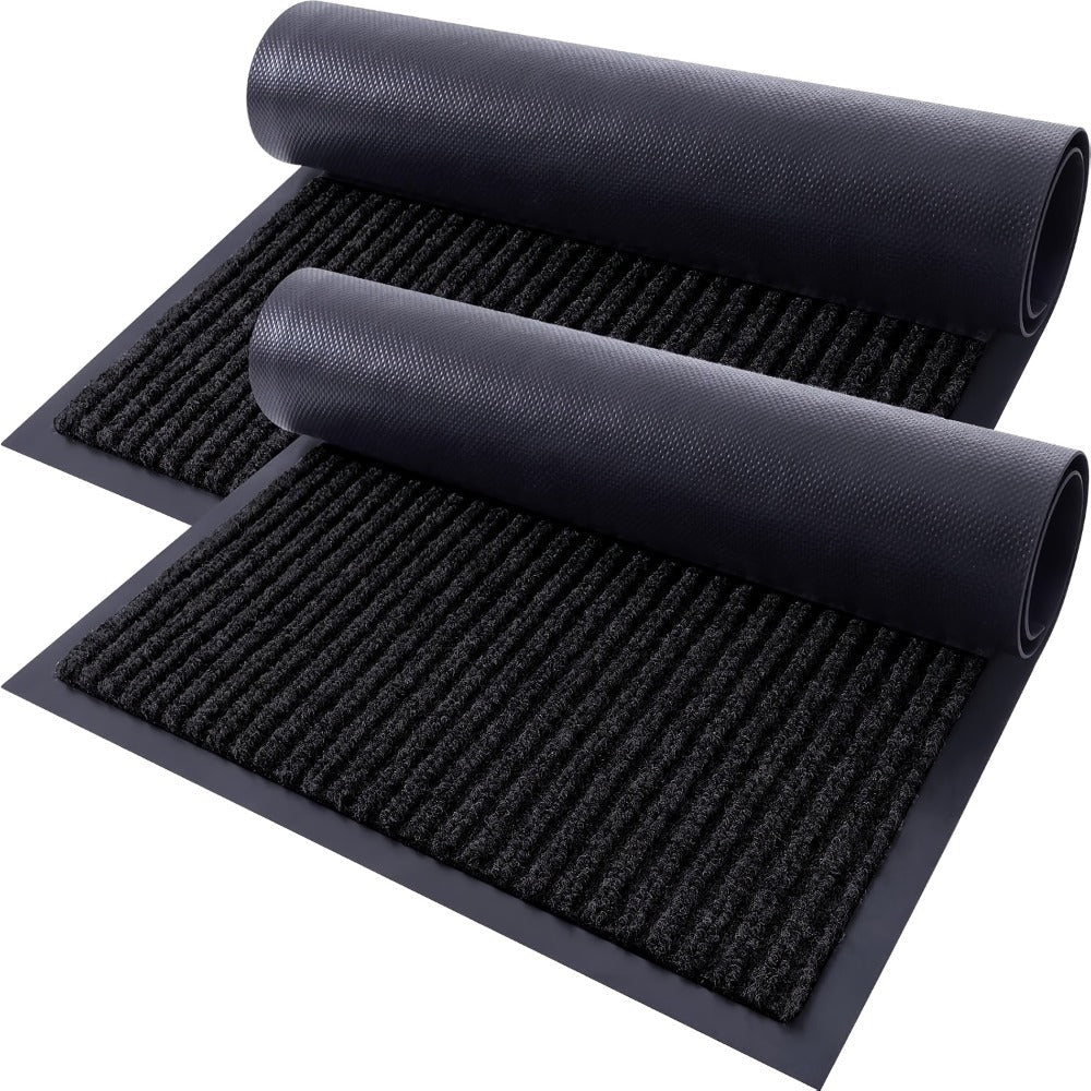 Two-Piece Ribbed Entry Door Mat Set in Black, Brown or Dark Gray with Three Exact Size Options