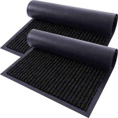 Two-Piece Ribbed Entry Door Mat Set in Black, Brown or Dark Gray with Three Exact Size Options