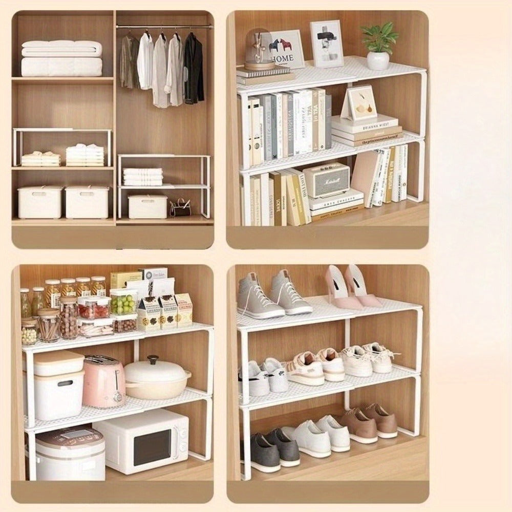 Expandable Cabinet Shelf Organizer, Metal Height-Adjustable Wardrobe Shelf Divider, Vertical Space-Saving Storage Rack for Kitchen