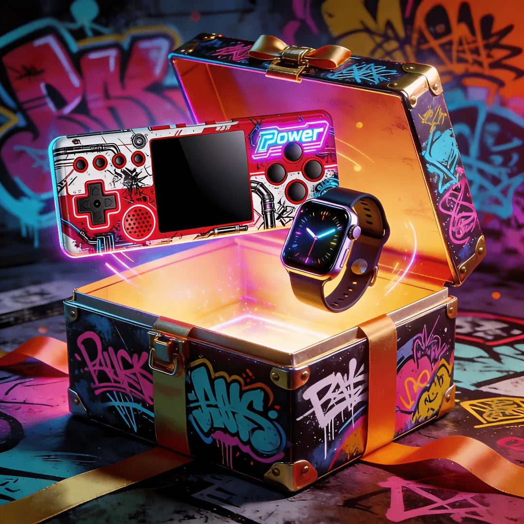 Retro Handheld Game Console Smart Watch Set HD Screen - Portable Classic Gaming Device 2-in-1 Bundle, Best Birthday Valentine Christmas Gift for Men Women Friends Family
