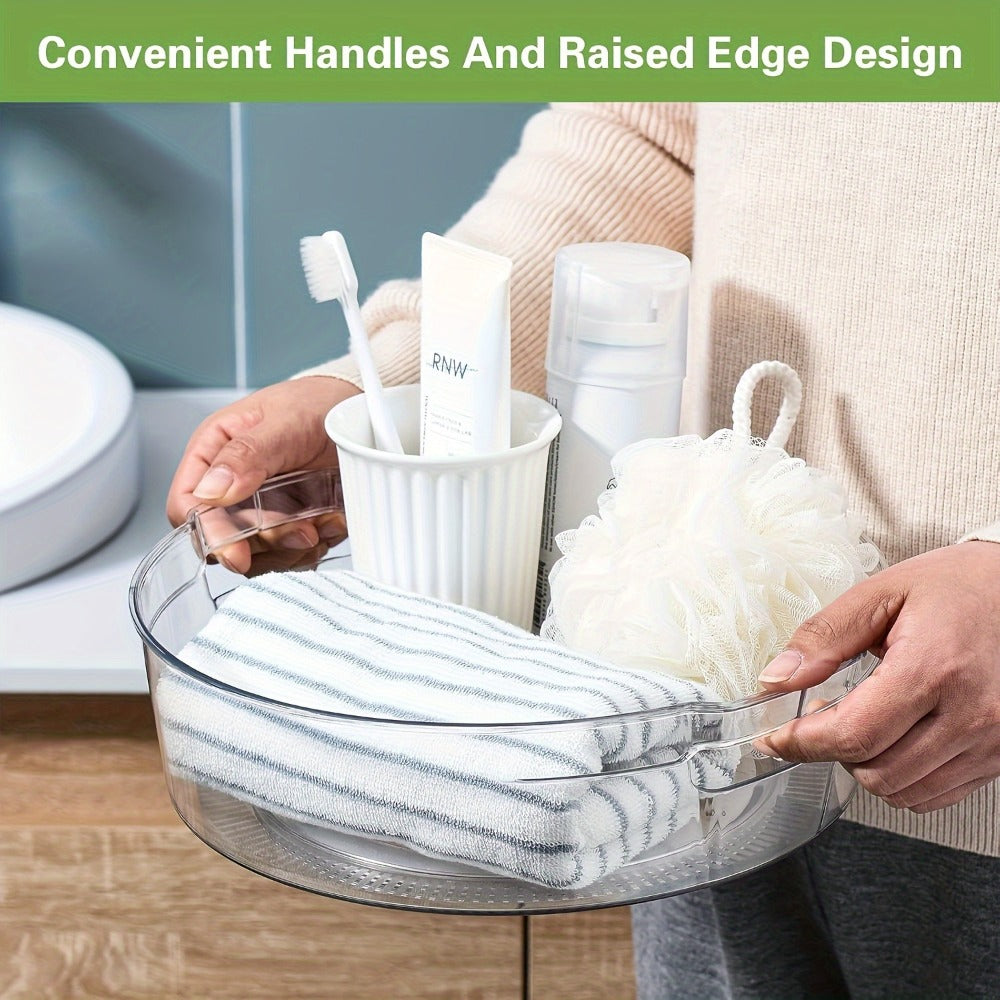 Clear Lazy Susan Turntable Organizer Four-Pack with 11.5-Inch Round Trays, Side Handles and Raised Edges