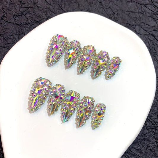 Press On Nails 10-Piece Medium Almond Glitter Color-Block Set with AB Crystal Rhinestones and Tool Kit